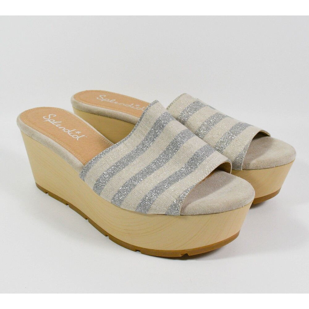 NWOB Splendid Silver Metallic Stripe High Platform Sandals Slides Sz 8.5